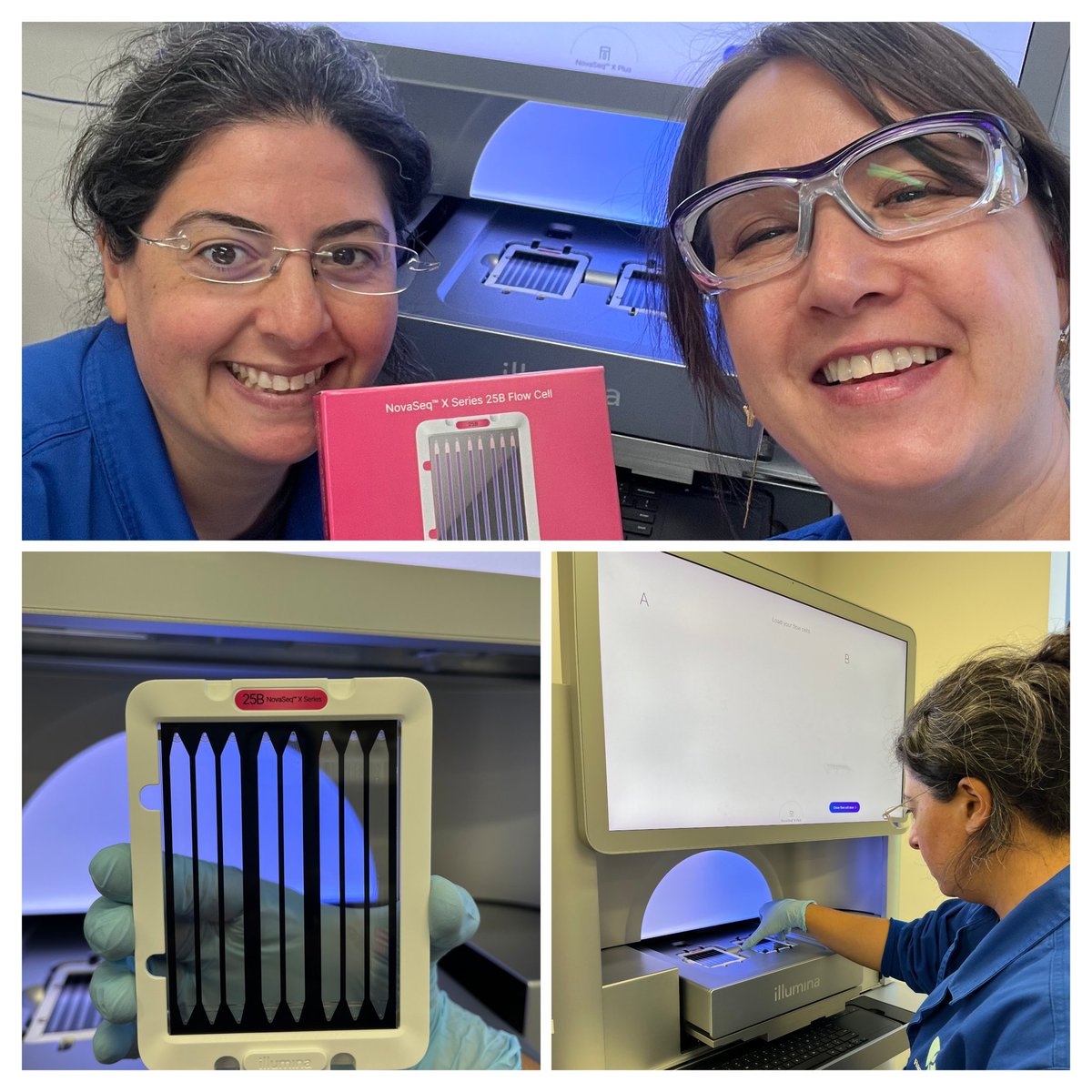 ramacgenomics's tweet image. Our first sequencing run using the brand new Illumina NovaSeq X Series 25B kits is on and running 👏 We can now sequence up to 128 human whole genomes at a time - incredible! Our sequencing experts Zena and Kerry showing us how it&apos;s done @illumina @UNSWScience #sequencinggoals