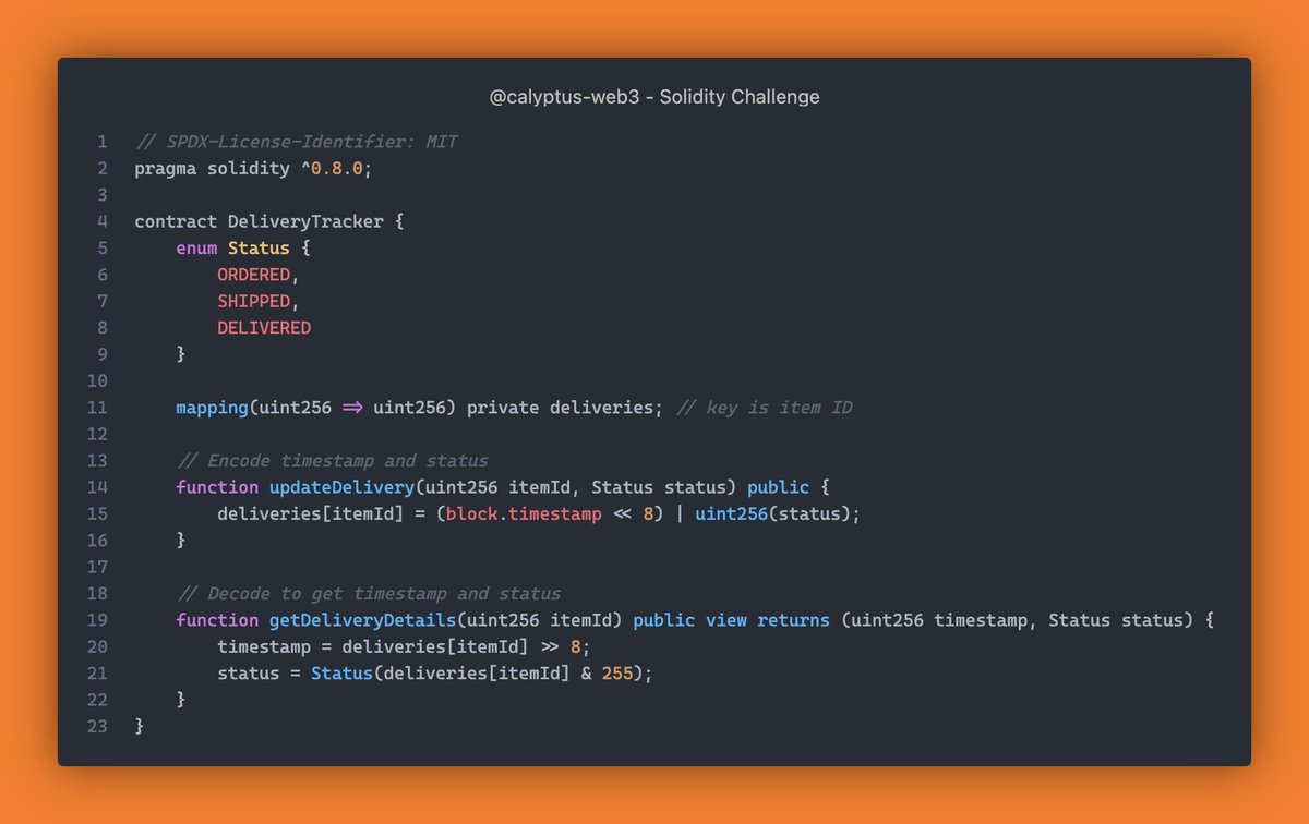 calyptus_web3's tweet photo. Solidity Challenge #263 🕵️‍♂️

In the example below, the contract changes the value of the 'deliveries' variable by 8 bits to include the status in the same variable. 

Is there a risk of overflow in this scenario? 🤔 https://t.co/TQyy9tjMGZ