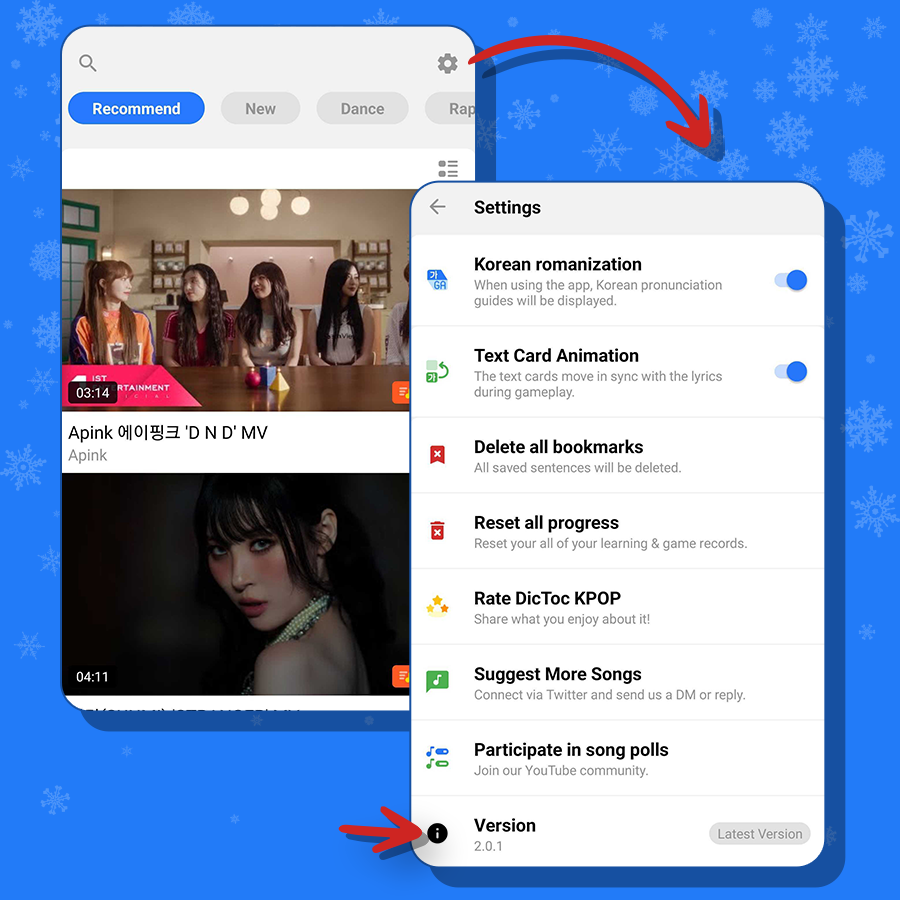 KpopPlayDesk's tweet photo. Hey DicToc users!👋
Quick check—are you using the latest version?
Make sure to keep your app up-to-date for the latest game features, bug fixes, and improvements our team rolls out with each update!🎶
(* Tap the settings button in the top right corner ⚙️ > Version Info ℹ️)

#KPOP https://t.co/ErysTyjp82