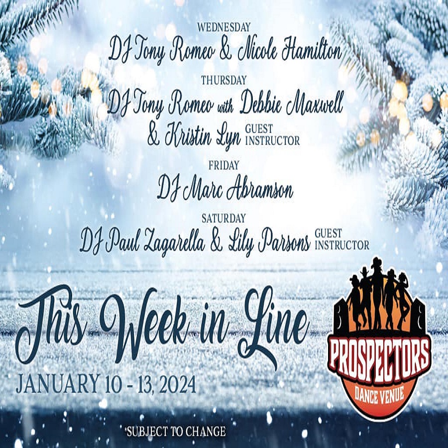 ProspectorsRest's tweet image. Enjoy our many dance events such as dance lessons, concerts, country line dancing and more for Jan 10 - 13!

FYI: We have a separate Facebook page for these events: bit.ly/ProspectorsDan…

Click on each graphic to enlarge of this weeks dance nights &amp;amp; lessons!
#Dance #CountryLine