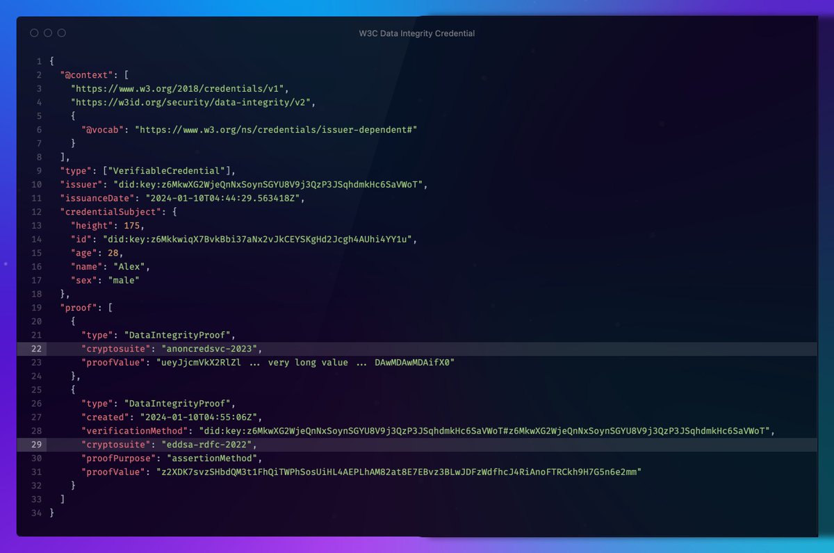This credential is a valid W3C Credential, secured using two Data Integrity Proofs. The first one using an AnonCreds signature, the other using an EdDSA signature.

You can present either one of these proofs, depending on the ZKP support from the verifier

github.com/TimoGlastra/an…