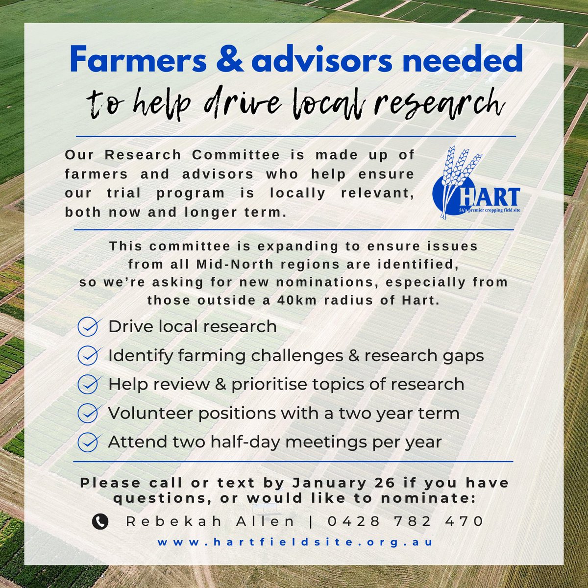 HartFieldDay's tweet photo. JOIN OUR RESEARCH COMMITTEE ‼️
We ask for 2 x ½ days a year where we get together in a small group to:
1️⃣ Review our trial program
2️⃣ Identify new issues or research gaps
3️⃣ Gather other feedback
We encourage people from right across the Mid-North to get involved. 👩🏼‍🦱👱🏼‍♂️
📱👇🏼 https://t.co/8lc1KKWNgH