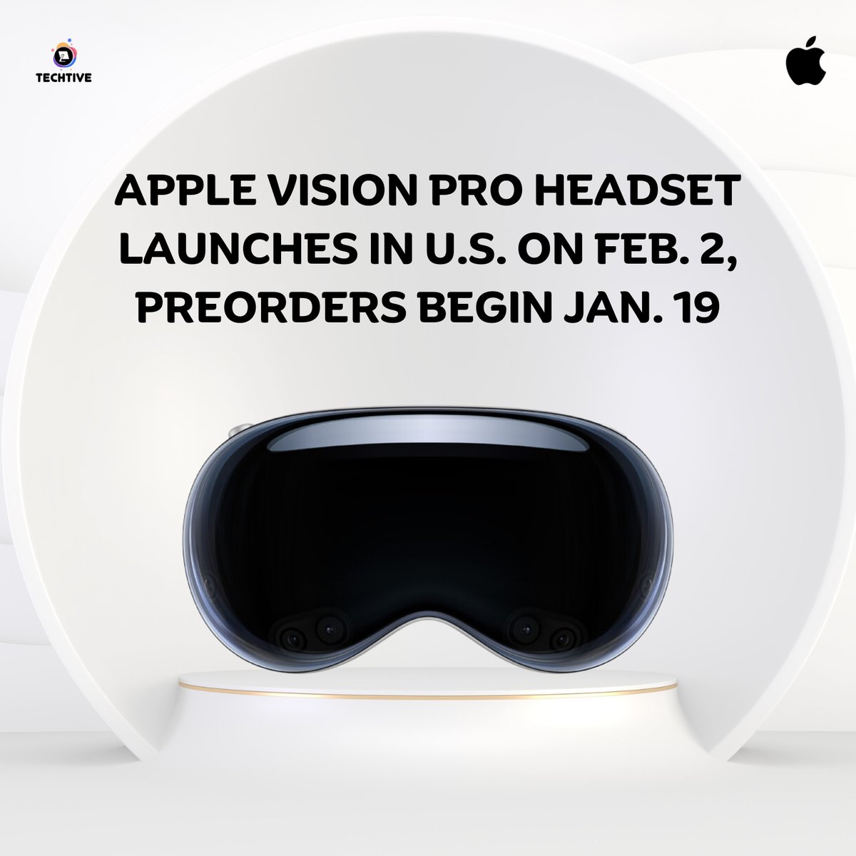 Techtive_online's tweet photo. Get ready to elevate your reality! 🚀 Apple Vision Pro headset drops in the U.S. 🇺🇸 on February 2 📆 Preorders kick off January 19!

#Techtive #TechNews #Apple #SpatialComputing #AppleVisionPro #TechLaunch #TechInnovation https://t.co/MDIU9hnHc8