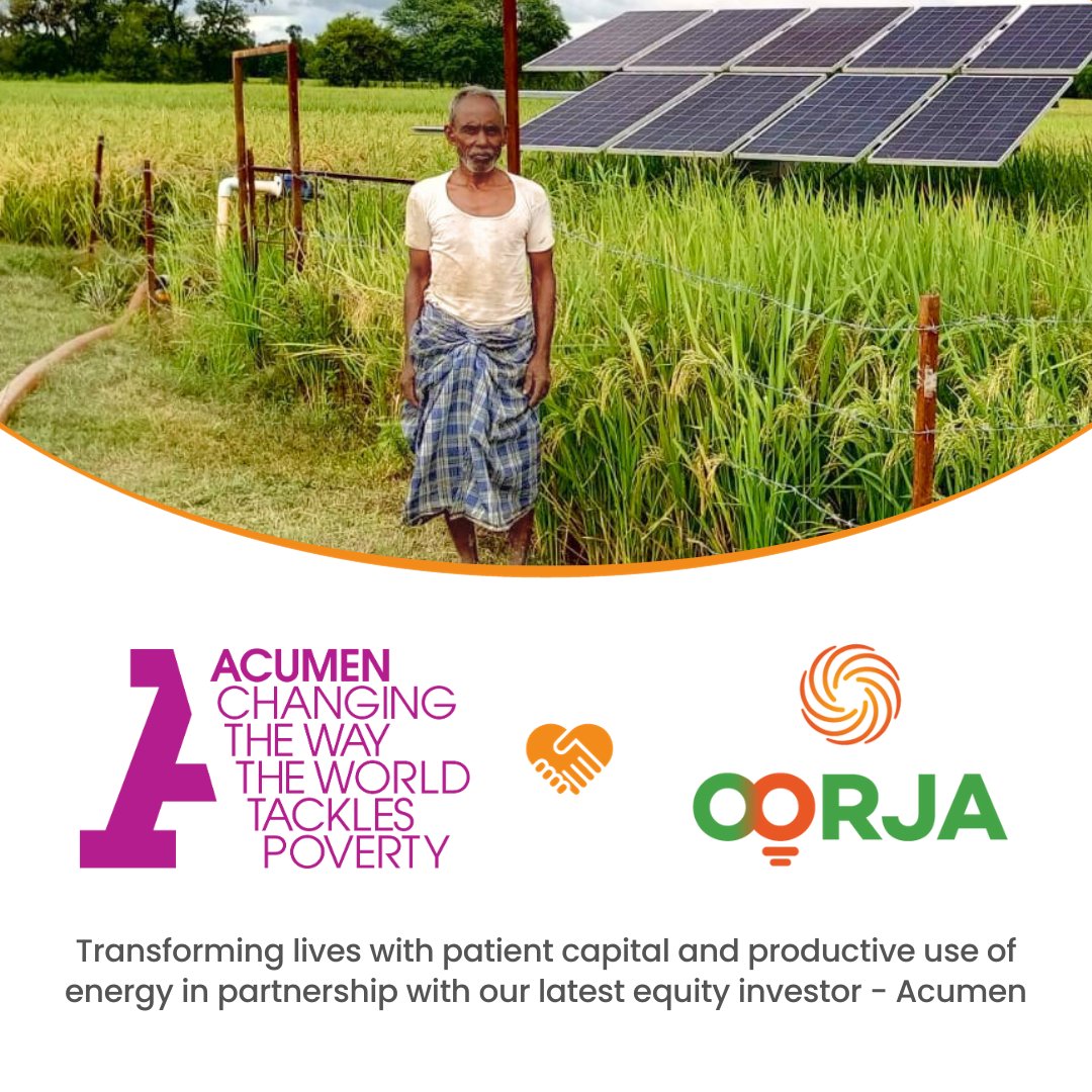 oorjasolutions's tweet photo. Delighted to welcome the pioneers of impact investing @Acumen on board as an investor and trusted partner on our compelling impact journey. This investment was made under Acumen’s PEII+ fund, which invests in early-stage companies to power livelihoods with clean energy. https://t.co/1A8aII6HTL