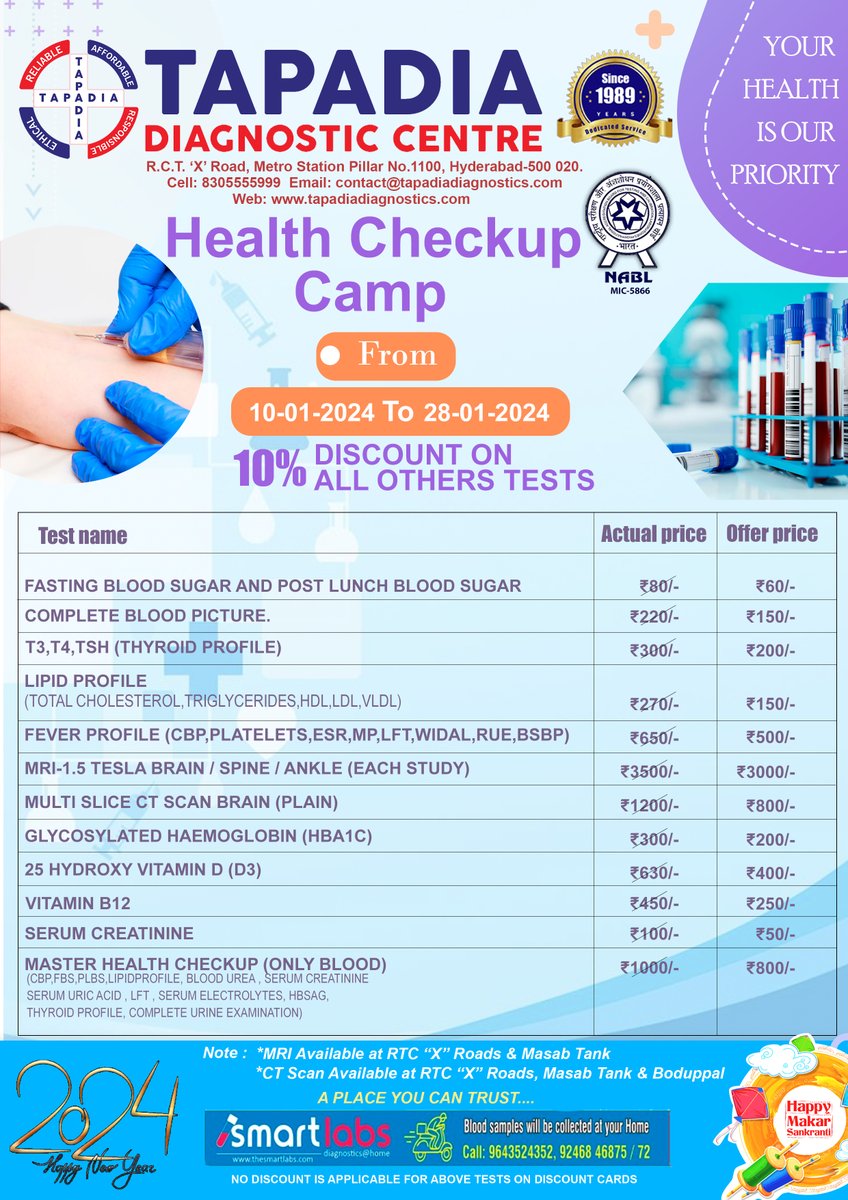 TapadiaDC's tweet photo. 🩸 Your path to better health starts now!

Join our Health Checkup Camp at Tapadia Diagnostic Centre (Jan 10th - Jan 28th) to avail special prices on many tests and receive a 10% discount on additional tests.

Take charge of your well-being today!

#HealthCheckupCamp https://t.co/gWZPvkkEVS