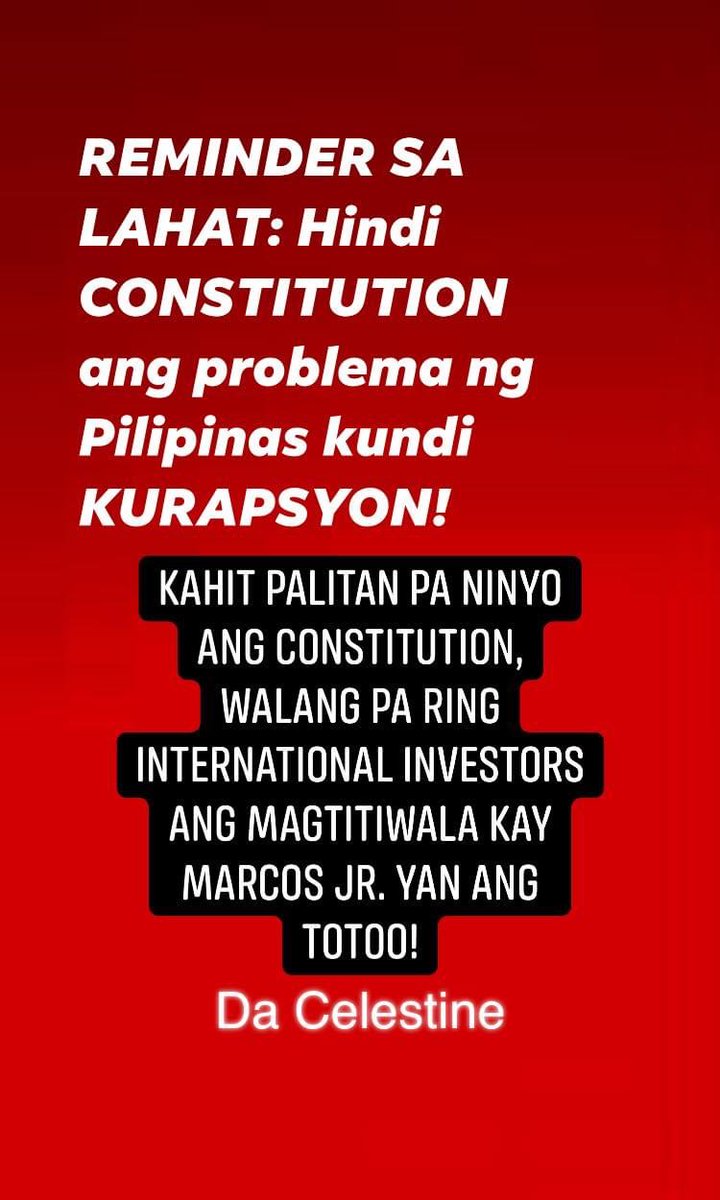 Celestine_DKila's tweet photo. NAUBOS NA NI MARCOS JR ANG KABAN NG BAYAN, LOMOBO PA RIN ANG UTANG NG PILIPINAS, HINDI PA RIN MAKAAHON ANG PILIPINAS. NGAYON, CONSTITUTION NA NAMAN? https://t.co/O0hmYgvBA9
