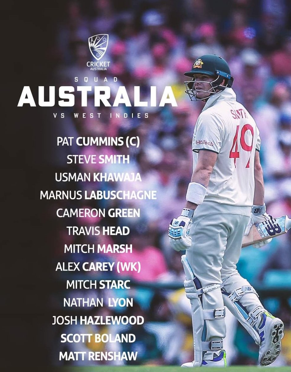 🚨NEWS🚨
Australia has announced the Test squad for the upcoming  Test series against West Indies! 👀🇦🇺
#AUSvsIND #INDvAUS
#CricketTwitter #cricketnews