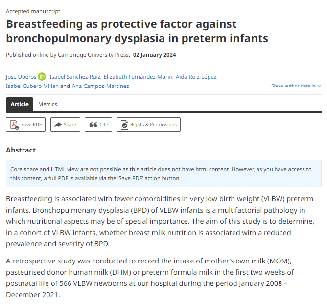 New study of >500 very low birthweight newborns: those fed their mother's own milk have a 92% ‼️  lower odds of severe bronchopulmonary dysplasia.

#breastfeeding #liquidgold 

cambridge.org/core/journals/…