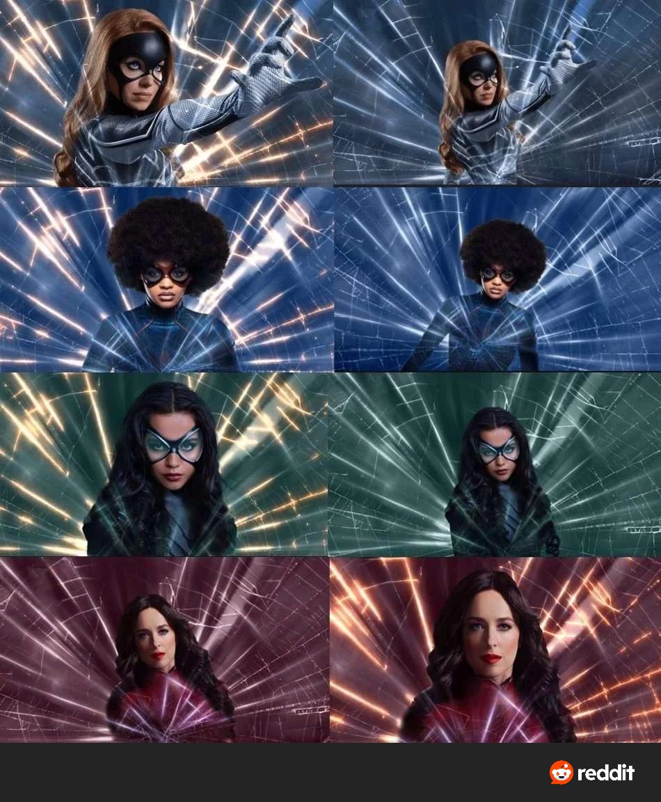 AngryJoeShow's tweet photo. This Official Madam Web Sony Promo Pic! LOL!!! ...LOOK AT IT. Worse than CW level costumes. Looks like an A.I. art bot cranked this crap out. The hell is sony doin'. 🤦‍♂️ https://t.co/qydS0qZ4oU
