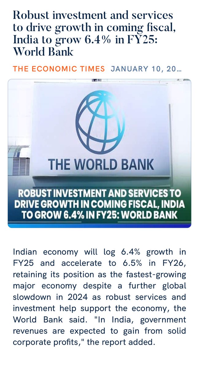 imajaydarade's tweet photo. Robust investment and services to drive growth in coming fiscal, India to grow 6.4% in FY25: World Bank 
https://t.co/uE42TSheMa

via NaMo App https://t.co/HZVY1sSFaP