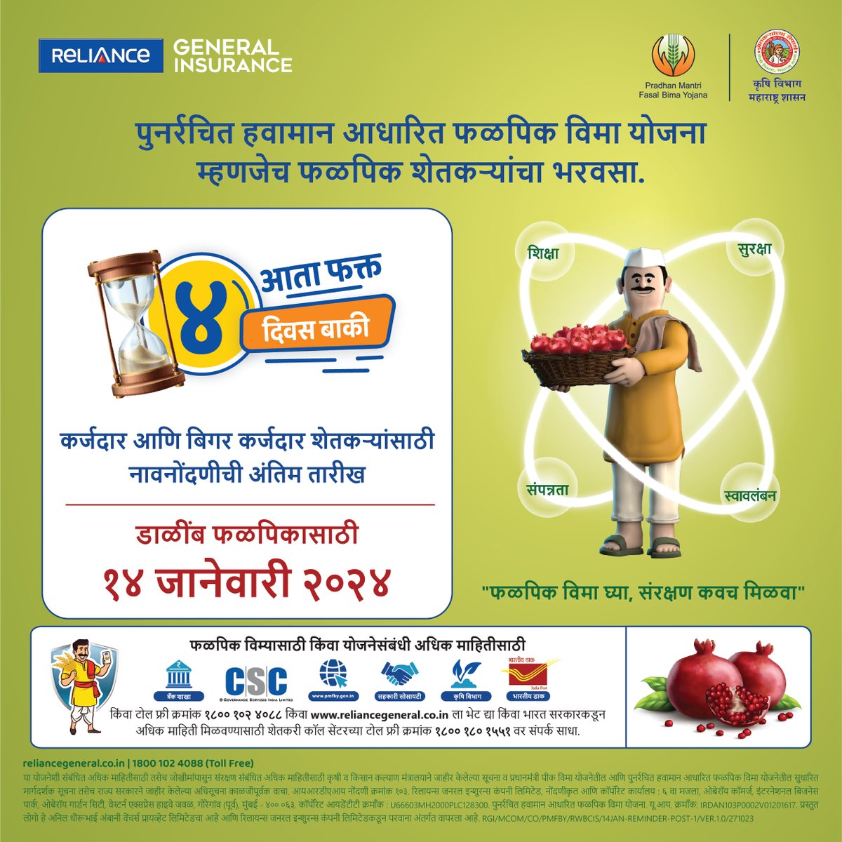 IndusIndGenIn's tweet photo. पुनर्रचित हवामान आधारित फळपिक विमा योजनेत लाखो शेतकऱ्यांचा समावेश, म्हणजेच योजनेवरील त्यांचा विश्वास दर्शवितो.

@PMFBY

#RWBCIS#ReminderPost#FasalBimaKaraaoSurakshaKawachPao #PMFBY #PradhmantriFasalBimaYojana #CropInsuranceAwarenessProgram #AtmanirbharKisan #AtmanirbharKrishi https://t.co/ZQwmO0uNz7