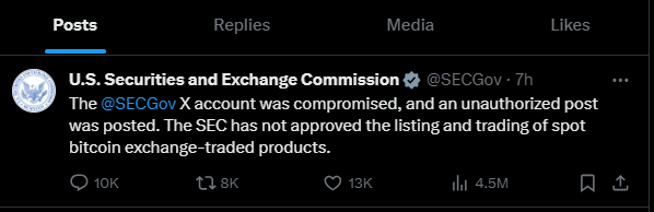 XcelPayVentures's tweet photo. 🚨 BREAKING: The @SECGov account was compromised!
⏺ An unauthorized post falsely asserts SEC approval for spot Bitcoin ETF. The SEC firmly states no approval has been granted. 📢🔒
#SECHacked #BitcoinETF #SECAlert https://t.co/BrFIkCJ0co
