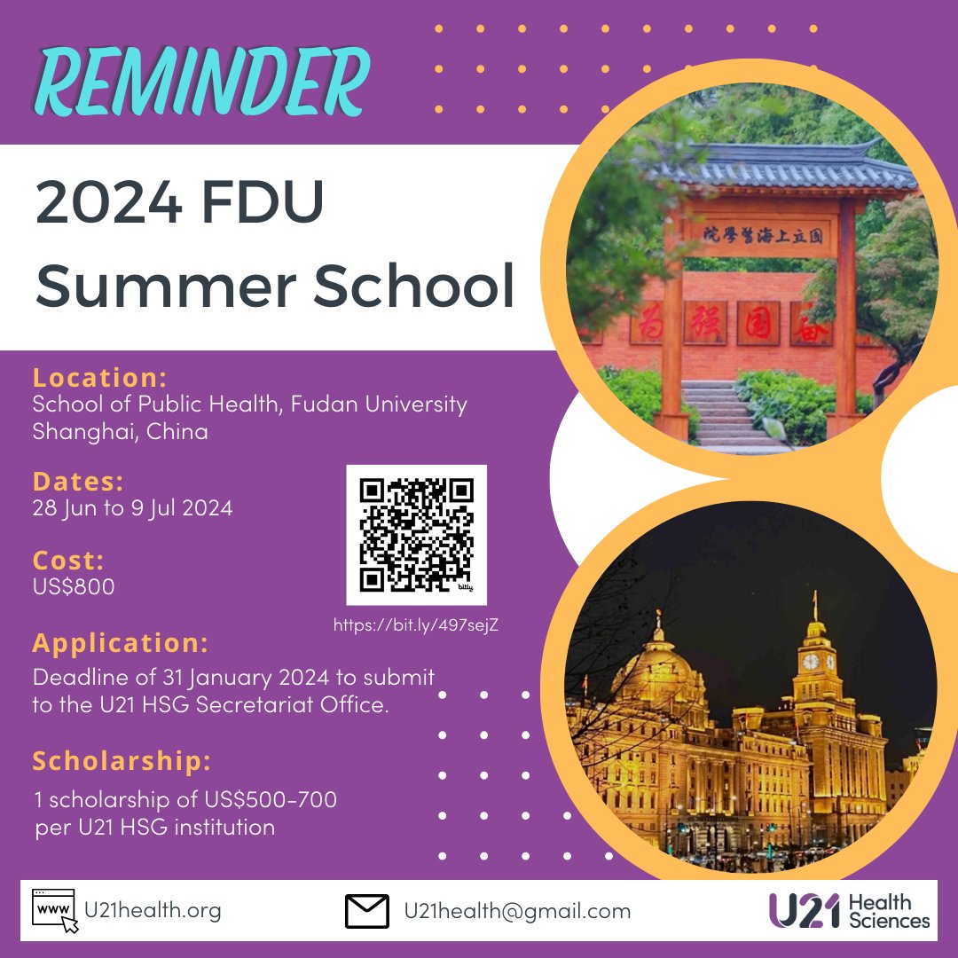 Student applications to participate in the 2024 Summer School hosted by the School of Public Health at Fudan University is due this month to the U21 HSG Secretariat Office! Go here: u21health.org/summer-school #U21health #U21healthsciencesgroup #U21HealthSciences #SummerSchool