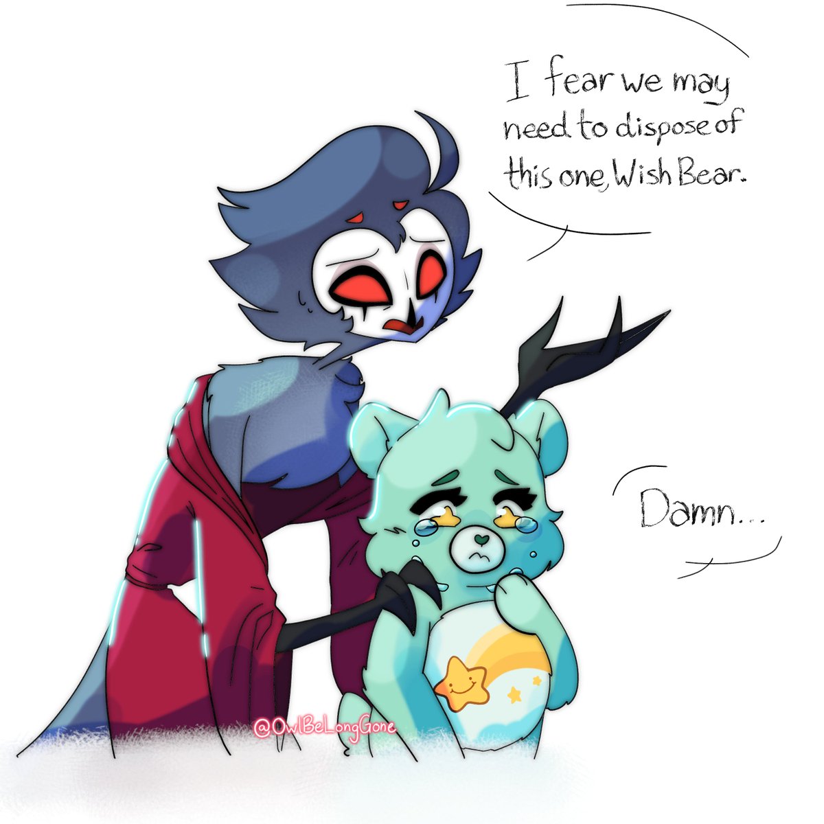 OwlBeLongGone's tweet photo. Took a break from Stolitz to doodle this lol
I've seen a lot of people this with their first comfort character and their current, so you guys get Stolas and Wish Bear lmao
#HelluvaBossStolas #WishBear #CareBears https://t.co/N62sztNNsb