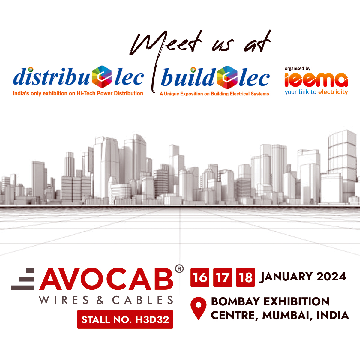 AVOCABCABLES's tweet image. Discover the future of electrical innovation with AVOCAB.
Meet us at Distribuelec, Buildelec 2024 Exhibitions
(Mumbai, 16th to 18th January 2024) organized by #IEEMA
.
.
.

#Exhibition #Buildelec #Distribuelec #trending #trend #creativespot #events #mumbai #AVOCAB #wires #cables