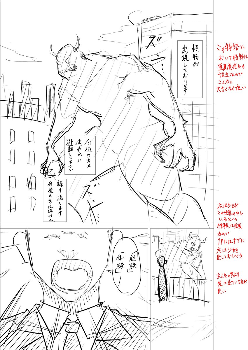 (左:ビフォー│右:アフター)

【ポイント】
冒頭でやるべきは、
「作品の5 W1Hをできる限り簡潔に見せること」

ーーーーーーーーーーーーーーーーーー

現状、元のネームの冒頭で分かるのは、
・街に怪物が出ている。
・その横になんか喋ってる男。

このネームで一番最初に見せるべき事は、 