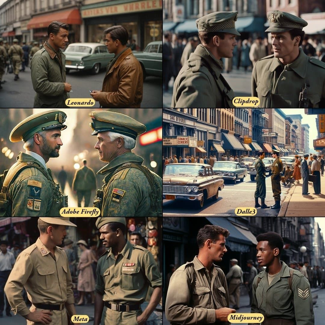 AI Image Generator Comparison!

𝐋𝐢𝐧𝐤:
Leonardo.ai
Clipdrop.co
Adobe.com/products/firef…
Openai.com/dall-e-3
Imagine.meta.com
Midjourney.com

𝐏𝐫𝐨𝐦𝐩𝐭:
"1960s movie still two soldiers talking in a busy street"

𝐑𝐞𝐬𝐮𝐥𝐭:
