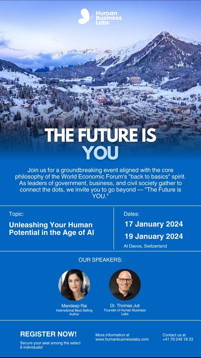The <a href="/wef/">World Economic Forum</a> is around the corner, and we have something very special for you in <a href="/Davos/">World Economic Forum</a> this year - 

Take part in “The Future is YOU” on the 17th or 19th of Jan. 

Register here
humanbusinesslabs.com

#WEF2024 #davos2024 #worldeconomicforum #globalleaders #innovation #entrepreneur
