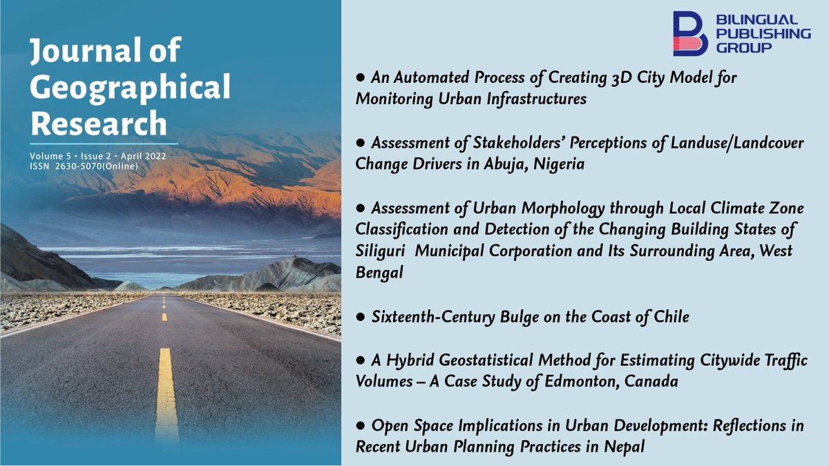 JGR_Office's tweet photo. Journal of Geographical Research    
Vol. 5 No. 2 
All articles are available online for free https://t.co/VeArHbUQNb
If you have articles to publish or would like to join the journal editorial board, please contact This email    Hathli Li jgr@bilpublishing.com https://t.co/gSQgp4y72u