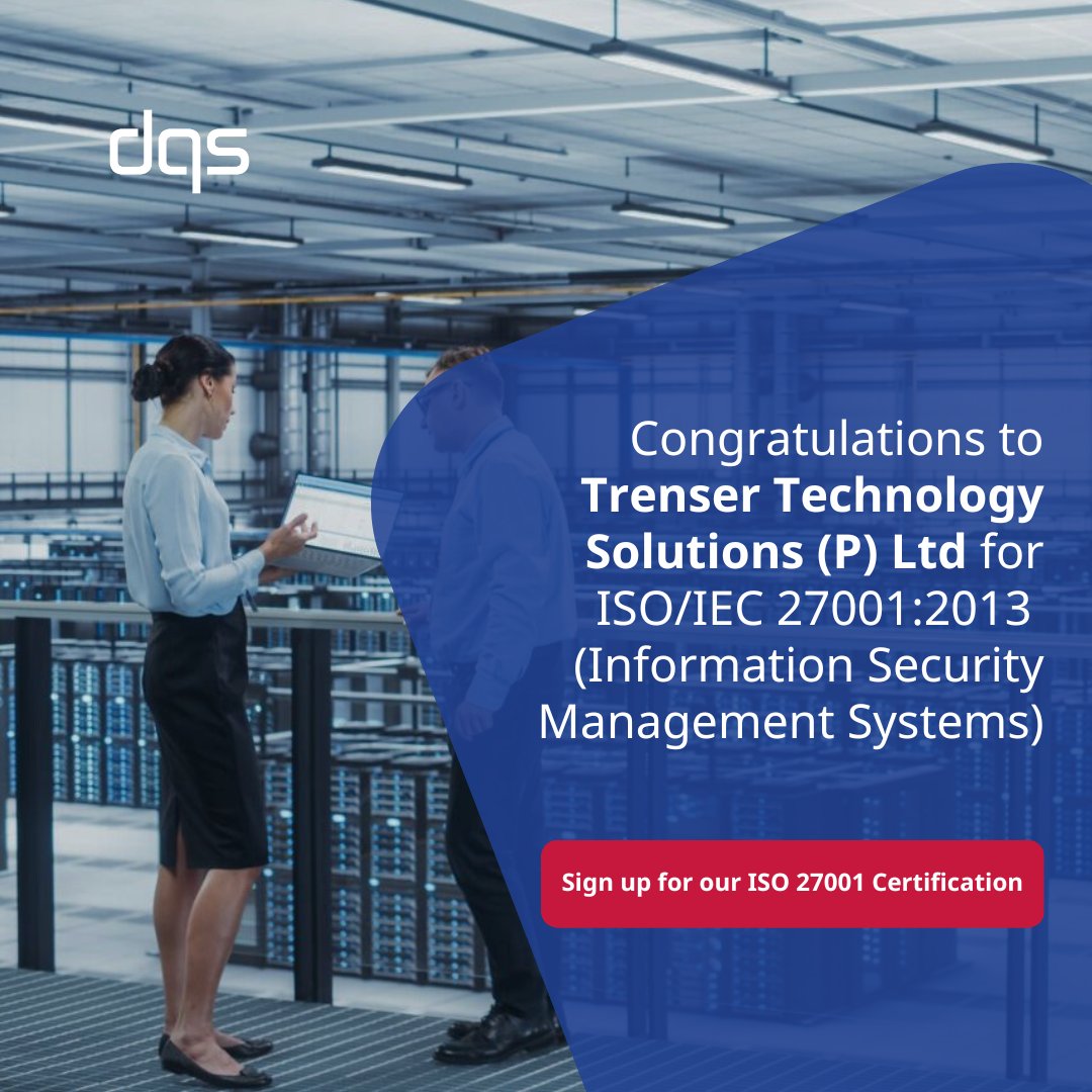 DQS_India's tweet photo. DQS extends hearty congratulations to Trenser Technology Solutions (P) Ltd. for ISO/IEC 27001:2013 (Information Security Management Systems).
We at DQS genuinely appreciate your business and we’re grateful for the trust you’ve placed in us.
#SimplyleveragingQuality #iso27001 https://t.co/GcV3Py05X6