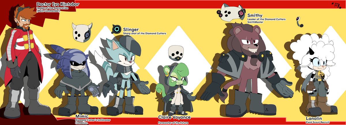 The rest of Kintobor's Anti-BlackArms Strike Squadron: The Diamond Cutters!
.
.
.
#sonicfanart #SonicTheHedeghog #IDWsonic #MimicTheOctopus #SlingerTheOcelot #SmithyTheLion #LanolinTheSheep #ClaireVoyance