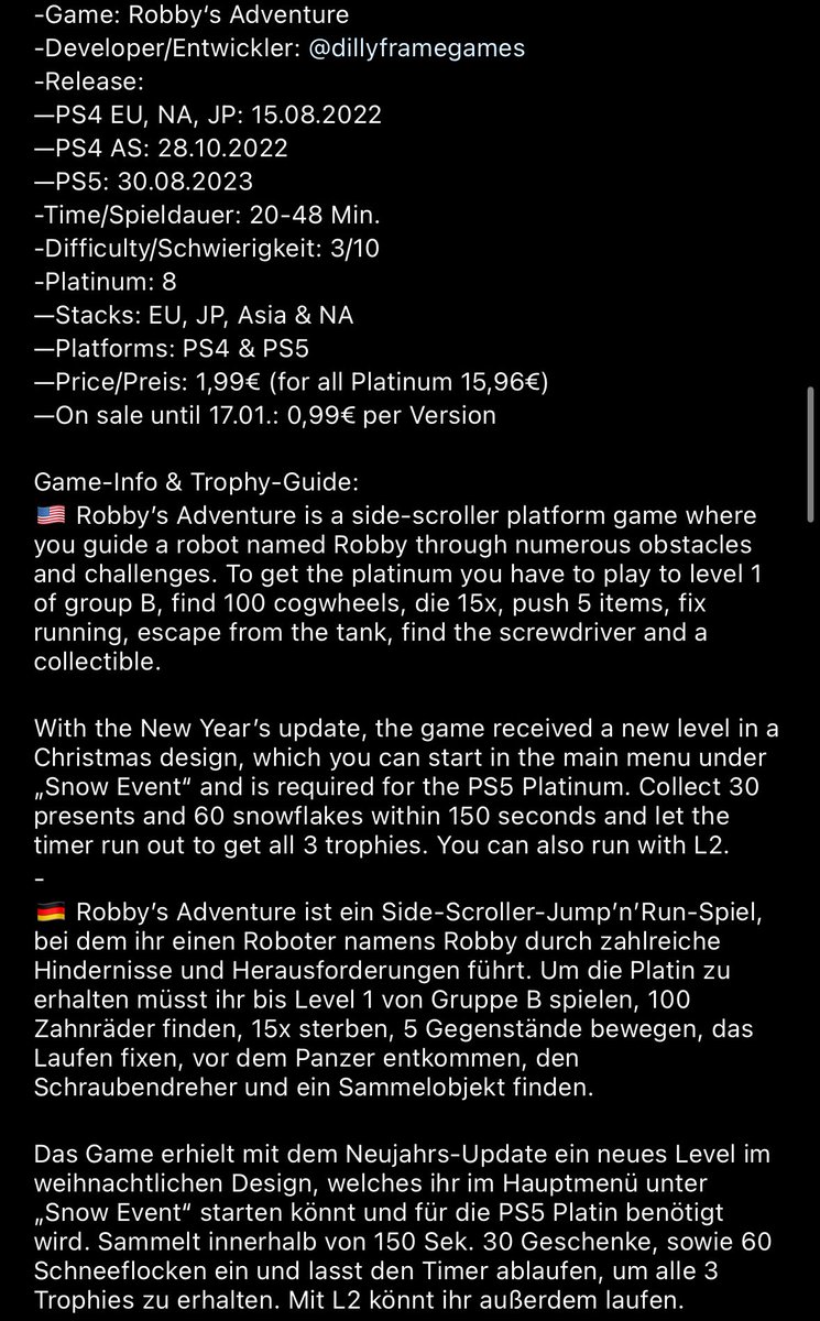 marcelreise11's tweet photo. 🏆 Platinum #1478 to #1481 🏆
Today I platinumed the NA 🇺🇸, AS 🇭🇰 & JP 🇯🇵 Version of #RobbysAdventure.
https://t.co/LOFiD5M2QM
@DillyFrameGames @Platingamer73 @SilentGhost86 @PSN_Robert2567 @OverhypedG @IBadDriverI @TrophyN3rd @SadoMarco_ @DerPlatinjunge https://t.co/QXImbDzSkX