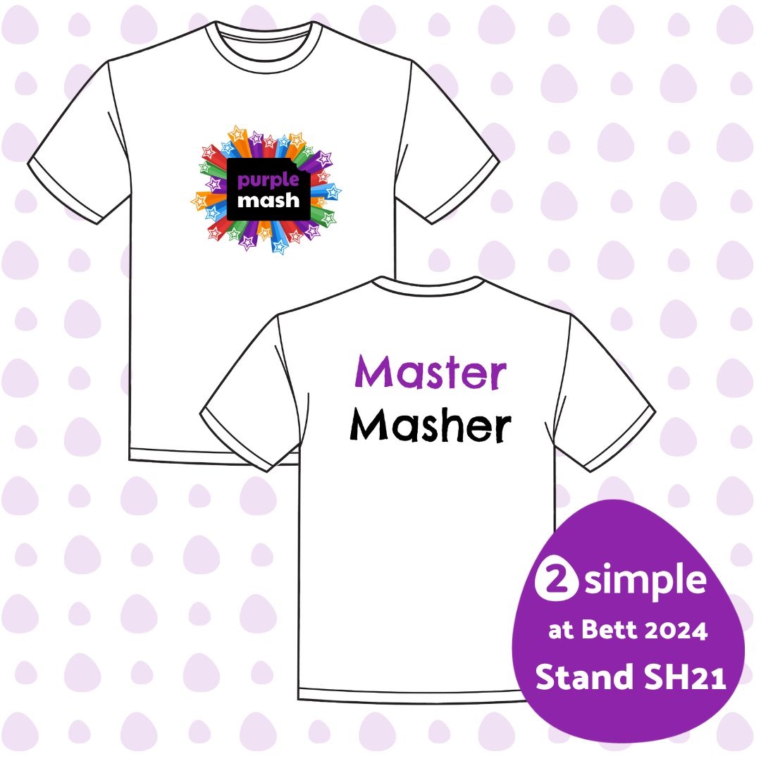 2SimpleSoftware's tweet photo. We'll have Master Mashers on our stand at Bett! They're our teacher experts who use Purple Mash regularly in school - what questions would you ask them?

 #PurpleMash #Computing #PrimaryComputing #ComputingTeacher #ComputingLead #Bett #Bett2024 #BettUK #BettShow https://t.co/DK9xuuHWeV