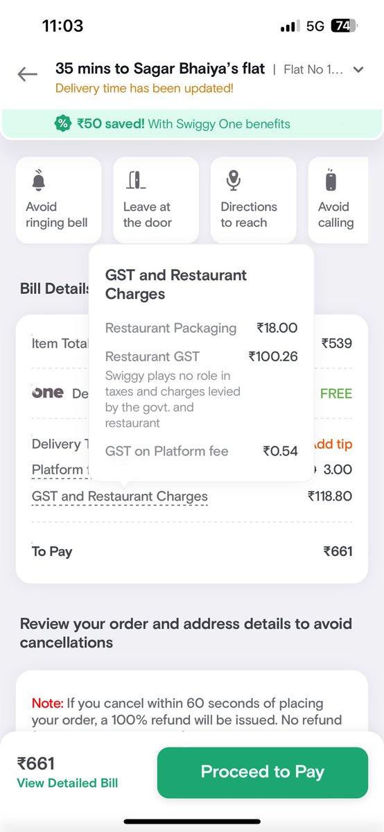stud_ark10's tweet photo. I took swiggy one to get rid of all the extra charges and save money while ordering food, but tragicallyi am ordering a cake ₹500 and been charged ₹118 as gst and restro charges. Wo kahte hain na “jitne ka saaman nahi utne ka khilauna😂”. Share your thoughts too.
@Swiggy . https://t.co/7CPTPh2dRp