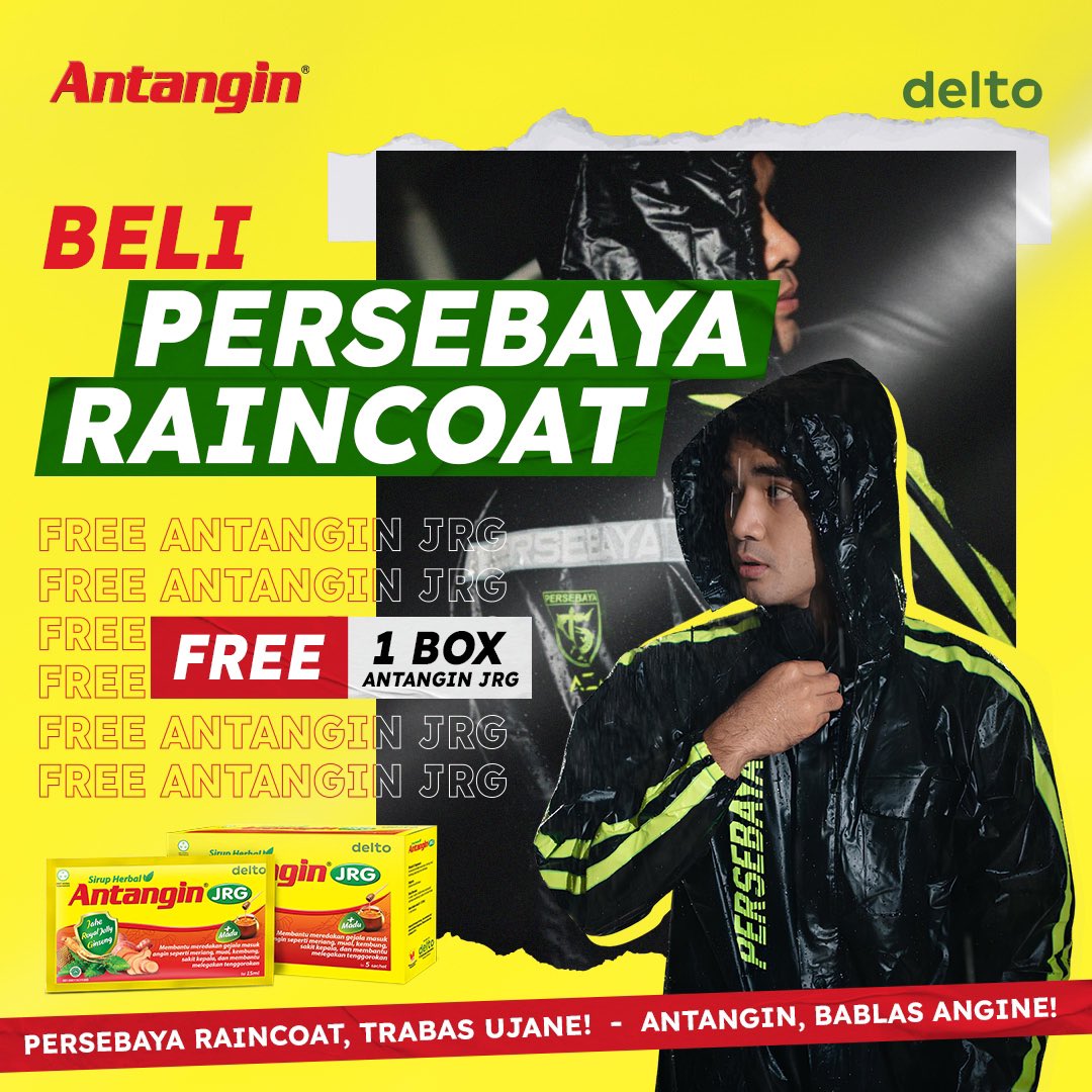Antangin_IDN's tweet photo. Bestie, musim hujan gini harus sedia perlindungan seperti Jas Hujan!

Beli Persebaya Raincoat di Persebaya Store @persebayastore , dapatkan 1 Pack Antangin JRG (12 pcs) Gratis!

Persebaya Raincoat, trabas udane! 🌧️
Antangin, bablas angine!💨

#SkipAngin #Persebaya #bonek https://t.co/sZ9XA76k7X