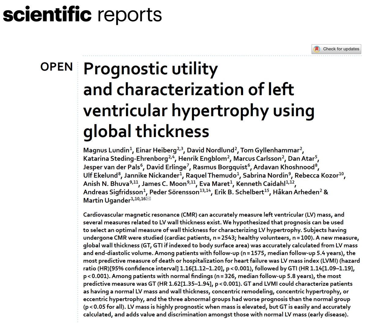Now online:

Prognostic utility and characterization of left ventricular hypertrophy using global thickness.

Lundin M, et al, Sci Rep, 2023. 
PMID: 38129418

Fantastic multicenter collaboration spearheaded by @MLundinMD

8/n