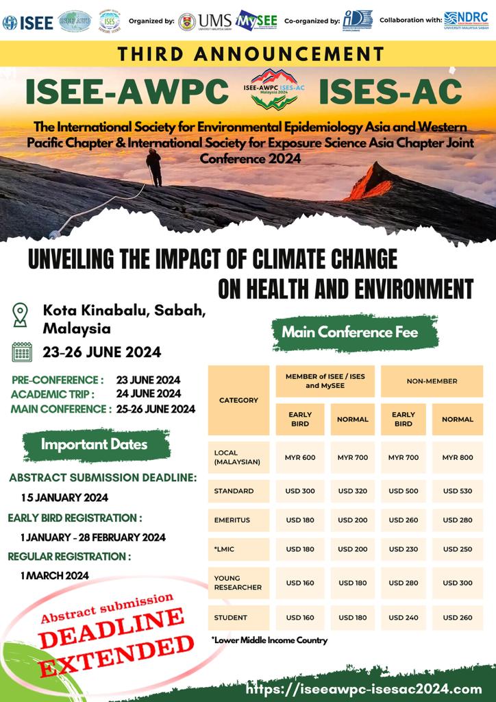 iseeawpc's tweet photo. Don't miss the opportunity to present your work at the ISEE-AWPC &amp; ISES-AC Joint Conference in Kota Kinabalu, Malaysia!
🗓️Abstract submission is open until January 15, 2024.
More information: 🔗https://t.co/k49nCDypE0 https://t.co/V65HlUAAvh