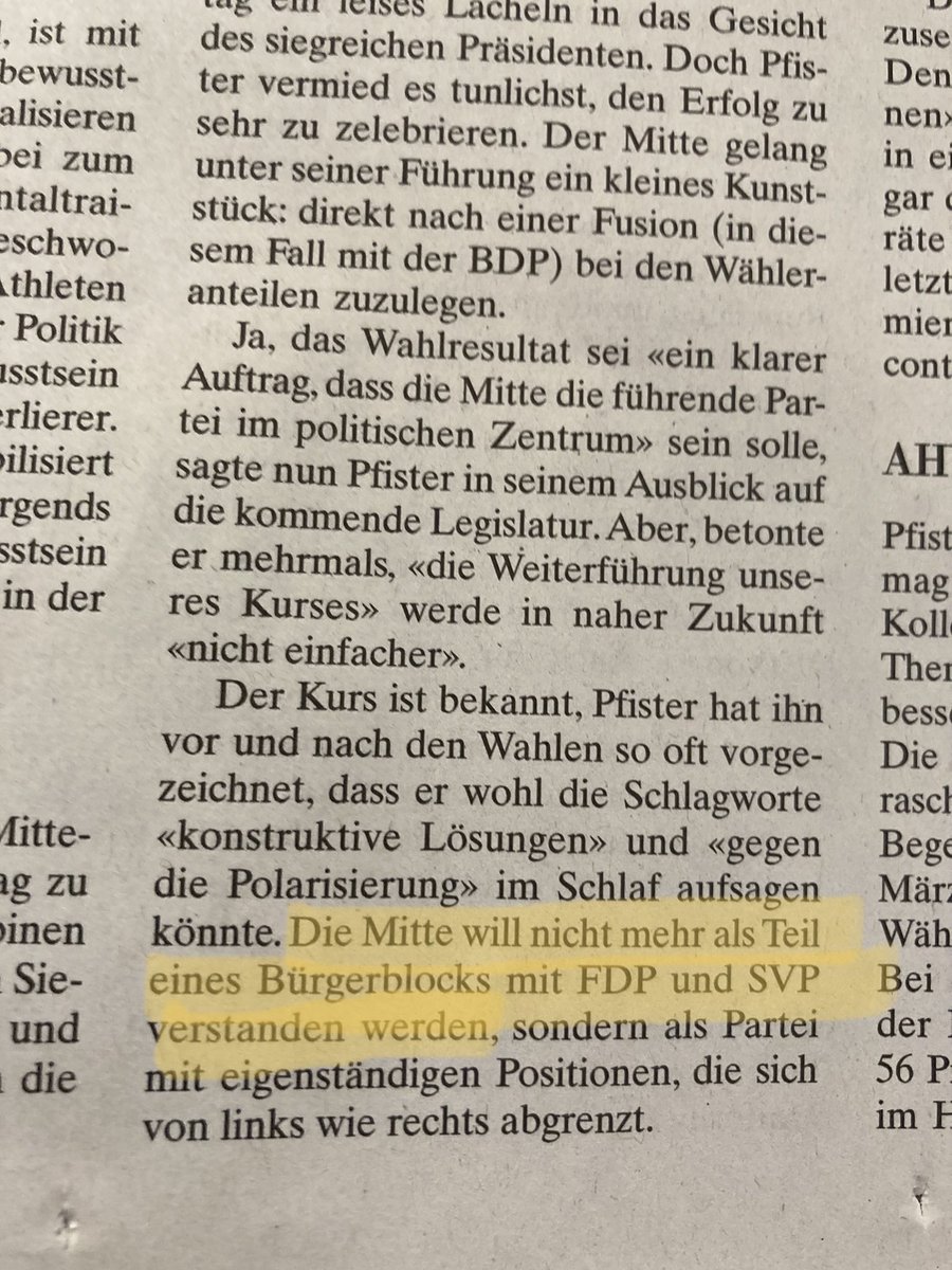 In der heutigen <a href="/NZZ/">NZZ</a> wird geschrieben, dass  sich <a href="/Mitte_Centre/">Die Mitte – Le Centre</a> nicht mehr „als Teil eines bürgerlichen Blocks mit <a href="/FDP_Liberalen/">FDP Schweiz</a> und <a href="/SVPch/">SVP Schweiz</a> sieht. 
Spannend. Wähle #aberclever #wahlenGL24 <a href="/FDPGlarus/">FDP Glarus</a> <a href="/KantonGL/">Kanton Glarus</a>