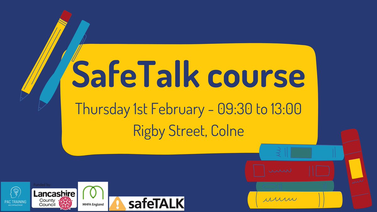Look into our suicide prevention course on the 1st February 2024 at 09:30 to 13:00 at Rigby Street, Colne. For more information or to book on go to: p-a-c.org.uk/mental-health-…