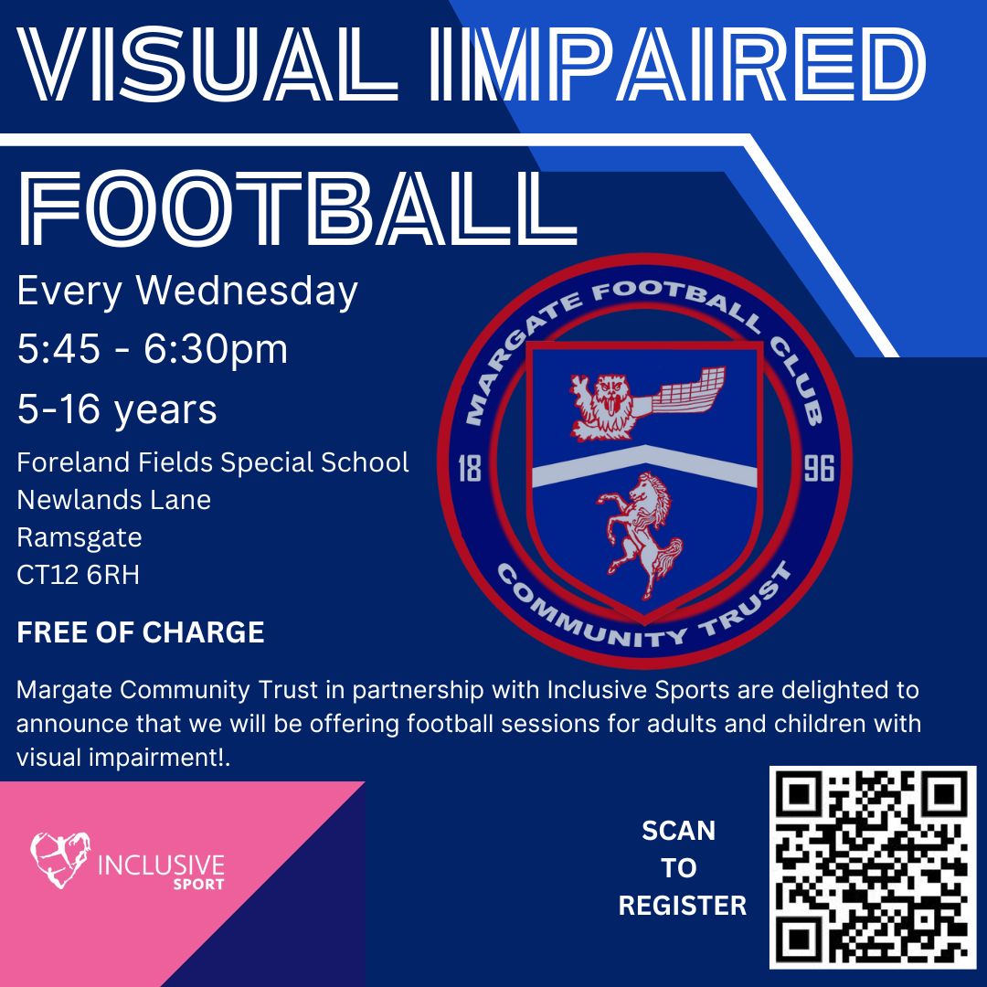 Margate_YouthFC's tweet photo. Visual Impaired Football - STARTS TODAY
π
Every Wednesday
βΆοΈ 5-16 year olds
β° 5:15-6pm
π Forelands Fields School, Newlands Lane, Ramsgate, CT12 6RH
To register click here π
https://t.co/Fz2CXaPzMA
#UpTheGate #BestInField #VisualImpairment #Margate #Kent #KentFA #Inclusive https://t.co/H3kdN9bBXG