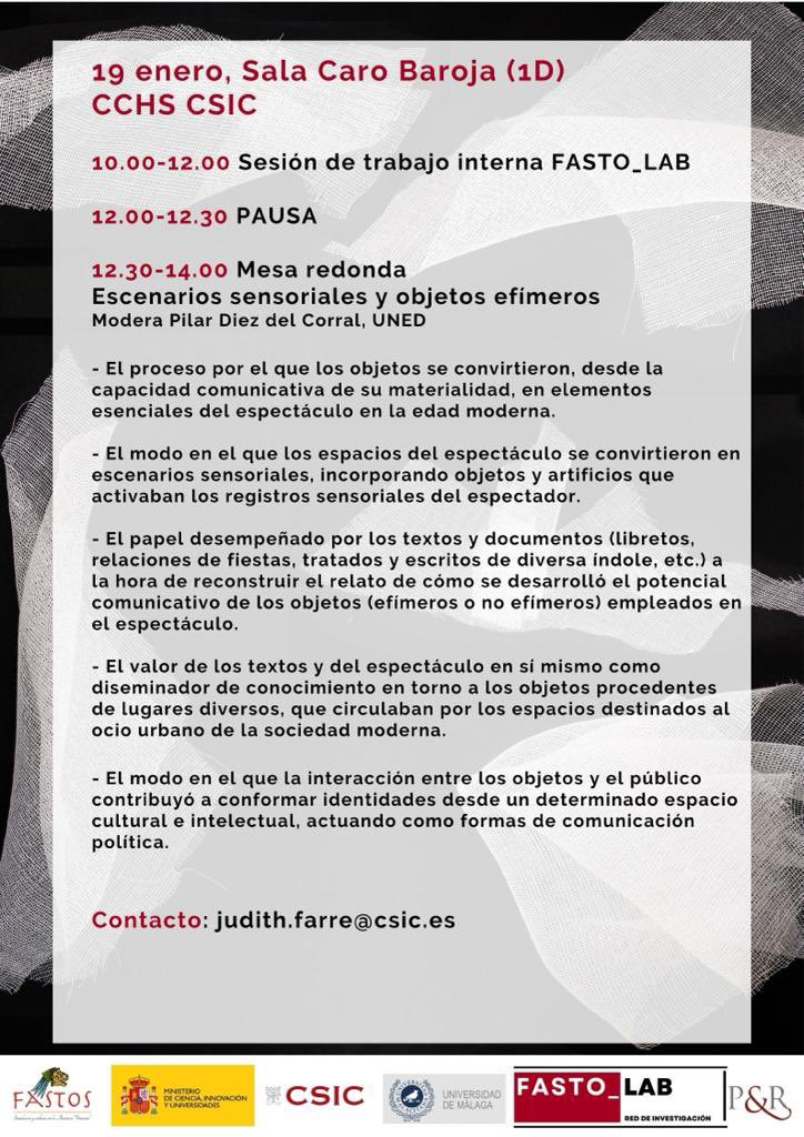 fasto_lab's tweet photo. La 2️⃣ jornada, tras una reunión interna del equipo de #FastoLab, se abrirá una mesa de debate moderada por Pilar Diez del Corral (@UNED) sobre escenarios sensoriales y objetos efímeros.
¡Nos vemos/leemos muy pronto! 👋🏼
📨 judith.farre@csic.es https://t.co/WyhFRwcwJ3