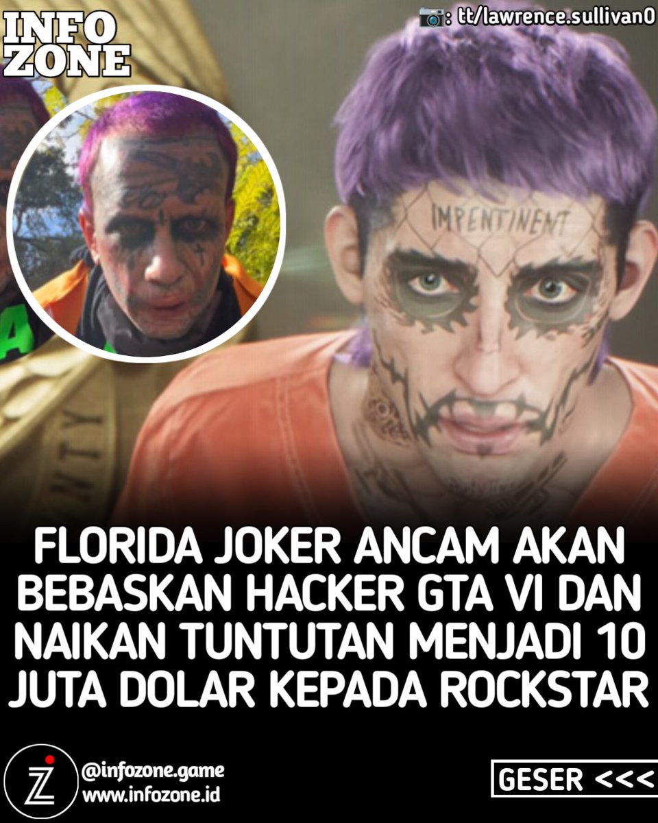 infozonegame's tweet photo. Sejak rilisnya trailer pertama GTA VI yang menampilkan karakter yang diklaim sebagai parodi dari penampilannya, Florida Joker telah beberapa kali menuntut Rockstar untuk memberinya kompensasi finansial https://t.co/EqfcBmAM6i