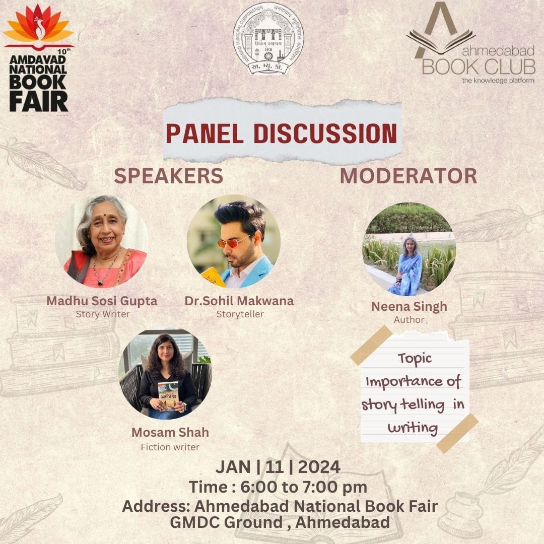 Mosamshah29's tweet photo. Come join us for an interesting panel discussion on the Importance of Story Telling tomorrow from 6 to 7pm. Added advantage: explore millions of interesting titles!
#amdavadnationalbookfair #amdavad #bookloversofahmedabad #panel #storytelling https://t.co/oIBGYDY3d7