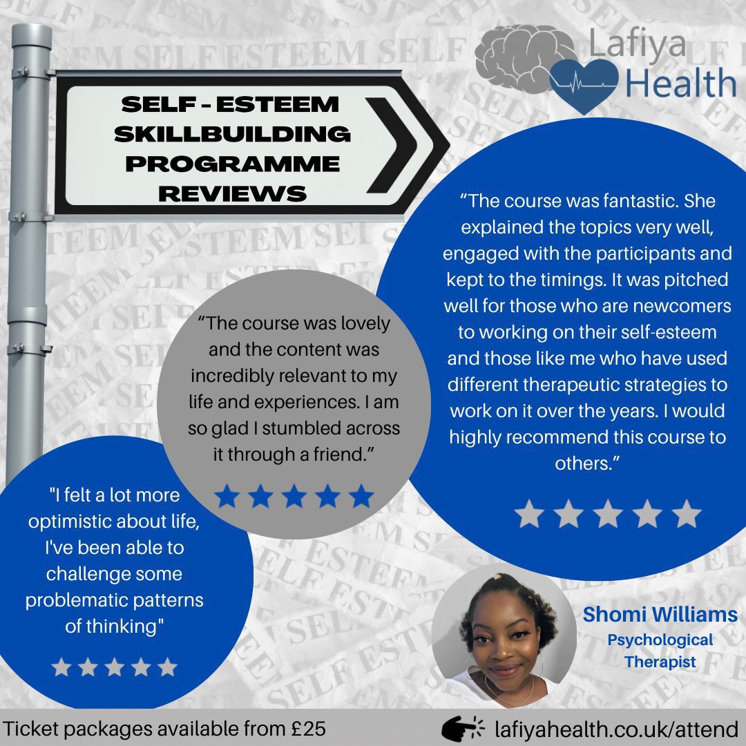 Our New Year Self Esteem course is starting today!

Learn evidence-based techniques to improve your inner self-talk and life outcomes!

Tickets 🎟️: lafiyahealth.co.uk/event-details/…
