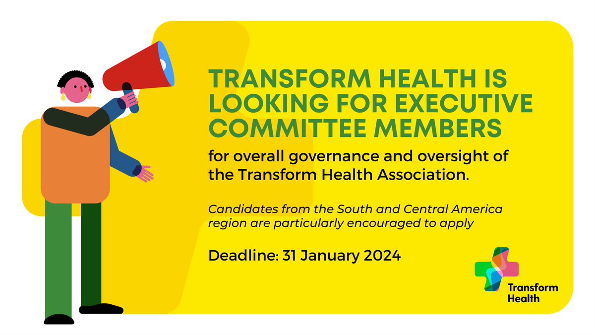 📢 <a href="/trans4m_health/">Transform Health</a> is looking for new board members! Candidates from the South &amp; Central America region are particularly encouraged to apply!

⏳Deadline to apply: 31st Jan 

🔗Click for more details: buff.ly/3NWK0xu

📝Fill in the survey to apply: buff.ly/47zu23o