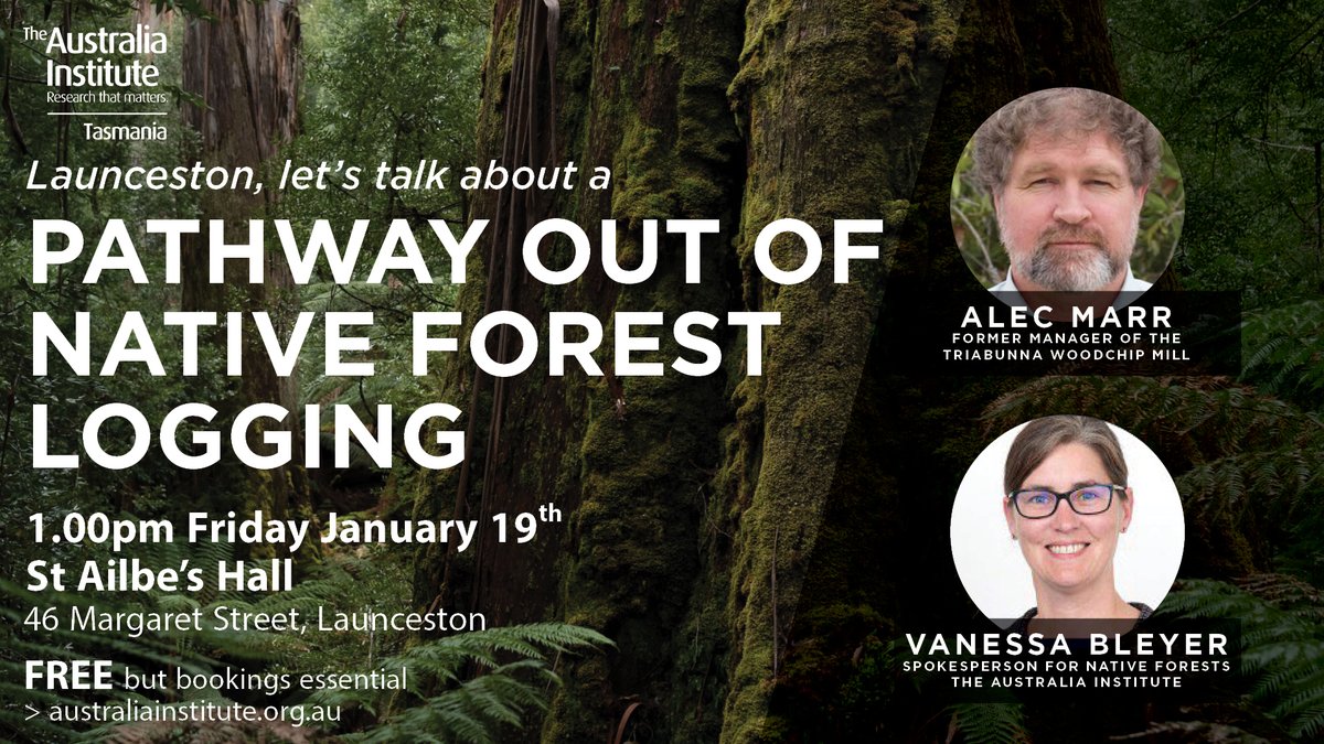 Launceston Pathway Out Of Native Forest Logging event! 

With Former Executive Director of The Wilderness Society and Triabunna Investments, Alec Marr, and Director and Principal Lawyer at Bleyer Lawyers, Vanessa Bleyer. 

RSVP here - nb.australiainstitute.org.au/pathway_out_of…?