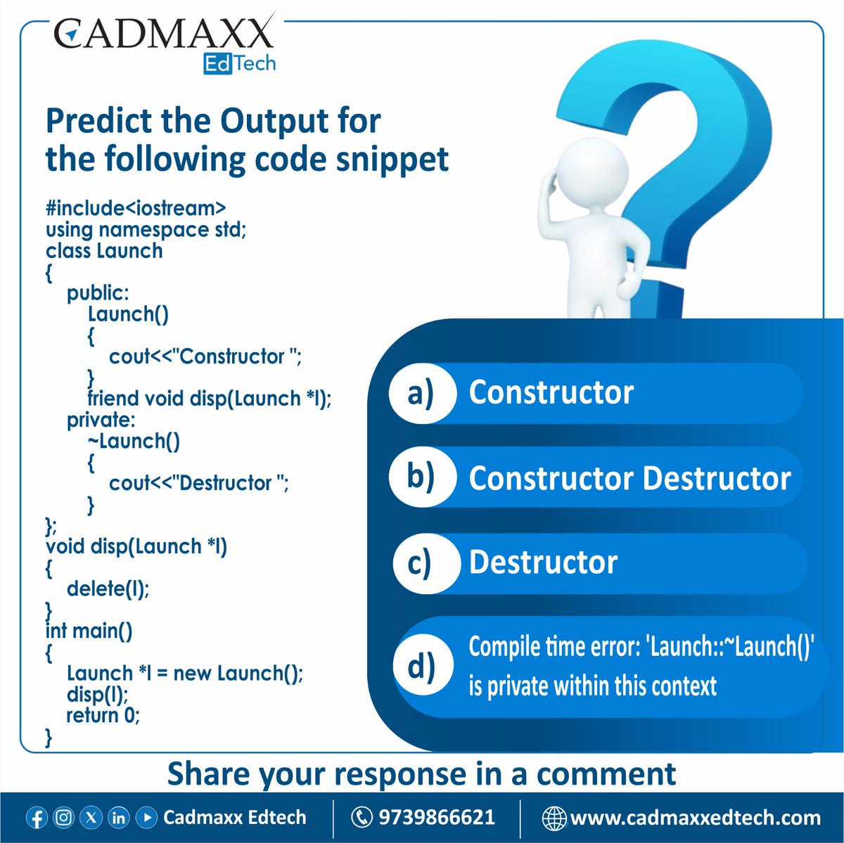 cadmaxxedtech's tweet image. Test your C++ skills  

What will be the output of the program? 

 Post your response as comments  

#cadmaxxedtech #cplusplus #DidYouKnow #qotd #Programming #programminglanguages #Challenge #TestYourSkills #Coding #OutputPrediction