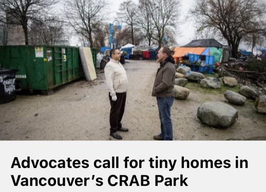 fionaeyork's tweet photo. A group of volunteers that built #tinyhomes in #PrinceGeorge is hoping 2 expand 2 #CRABPark. Construction co #IngreenSystems says it’s on board but is facing pushback from @CityofVancouver as it hopes 2 launch pilot project in Strathcona🦀🦀🏡🏡 #endhomelessness @CBCNews @TheTyee https://t.co/iNDwvntLzq