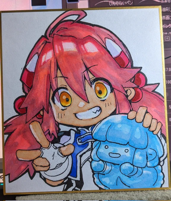 これは重ね塗りしすぎて色が沈んでダメになったリフ 線画は気に入ってただけに悔しい〜画仙紙は滲みと発色のコントロールが難しいっすねこういうジャンク色紙をどう処分するか問題、未だ解決せじ 