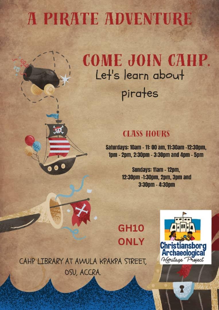 Ahoy Matey! All hands on deck!!
This weekend will be a fun filled weekend of pirate activities!
Come and learn about the history of pirates at CAHP ☠️ 
#Accra #Ghana #Osu #fortsandcastles #slavetrade #history #heritage #communitydevelopment  #artivism @ChristiansborgP @MellonFdn