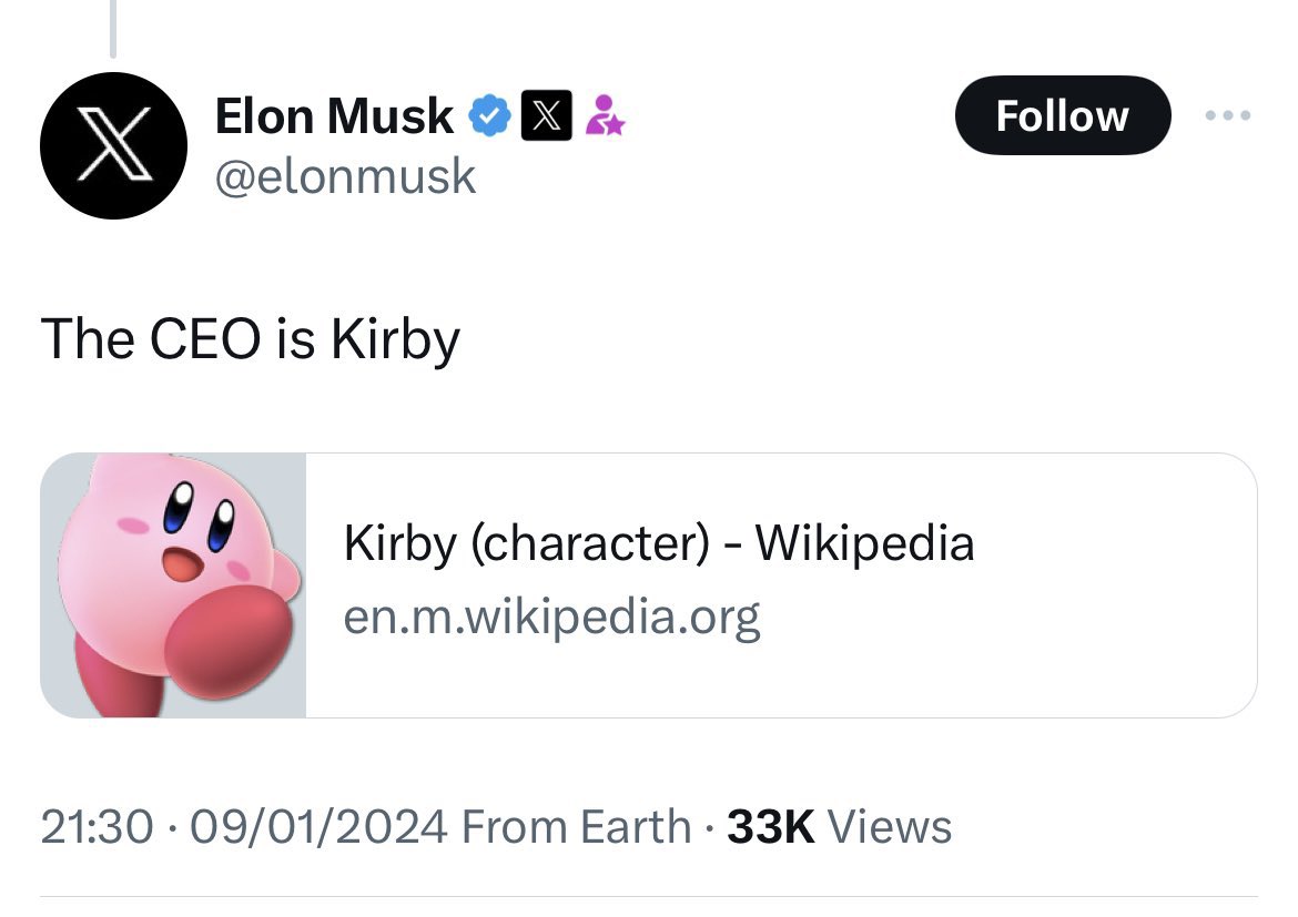 DylanSlideETH's tweet photo. $KIRBY is the next solana play? 👀

elon with the tweet, is Kirby the new CEO? 🔥

$700k MC and climbing, moon or dust. 📈

chart: https://t.co/5TwYtgZCy9

#kirby | @kirbyonsolana https://t.co/gVftPpMXx1