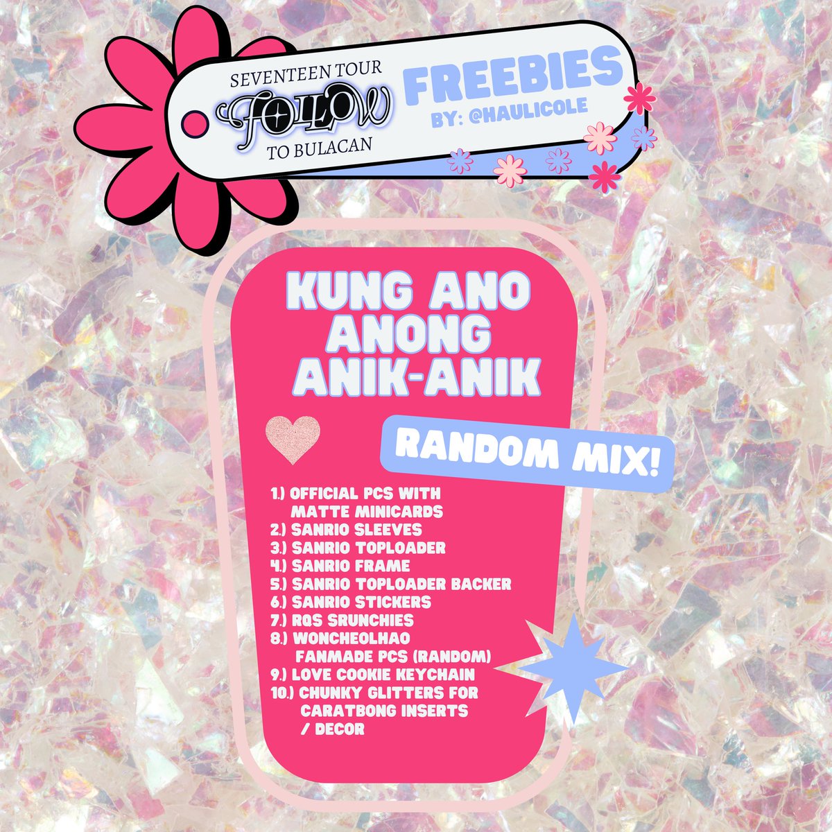 haulicole's tweet photo. (=ﾟωﾟ)っ∠※※※※※ 
SEVENTEEN FOLLOW TOUR IN BULACAN DAY ONE FREEBIES

1:1 
3 types (in pictures below) 

#FOLLOW_TO_BULACAN 
#SEVENTEENinBULACAN 
#FTBFreebies #FOLLOWtoBulacan
#SVT_TOUR_FOLLOW
#FOLLOW_TOBULACAN https://t.co/eSurdRoLH8