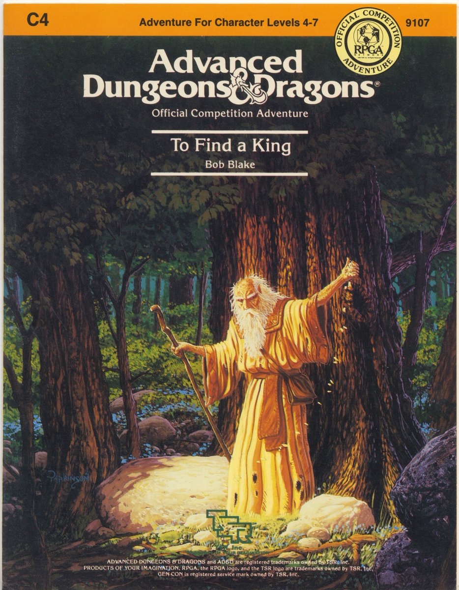 Loston_Wallace's tweet photo. #TSRModule #C4ToFindAKing
My copy of TSR Module C4: TO FIND A KING. I remember this being an okay module, but not one of my favorites. The Parkinson cover though is magnificent! Nobody did better rock, tree and scales textures like Keith Parkinson. RIP, man. https://t.co/GjZbVEkSpa