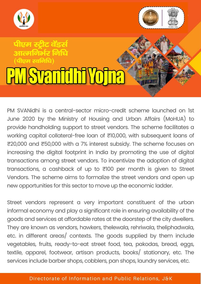 dioudhampur's tweet photo. #HSVB
PM SVANidhi is a central-sector scheme that was launched by MoHUA to provide handholding support to street vendors. The scheme facilitates a working capital collateral-free loan of ₹10,000, with subsequent loans of ₹20,000 and ₹50,000 with 7% interest subsidy.
@diprjk https://t.co/26yT1wHY99