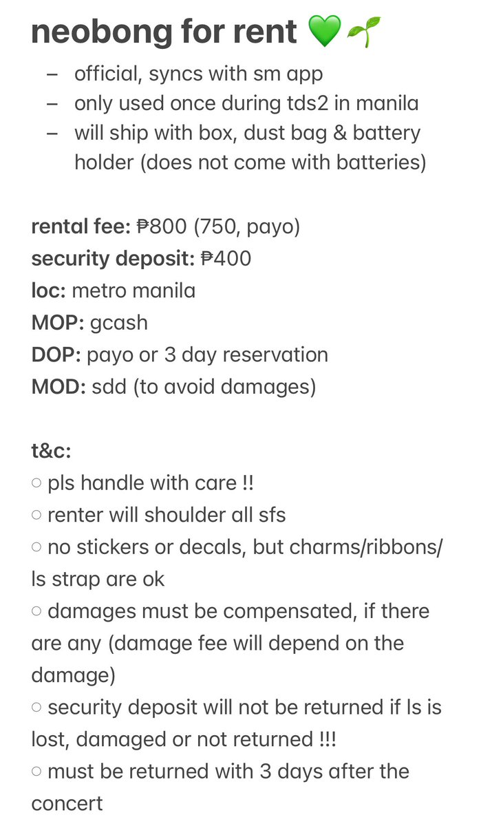 wtr lfr ph — neobong for rent

𓏸 avail for jan 21 
𓏸 rental fee: ₱800 (750 payo)
𓏸 security deposit: ₱200, handle w care !
𓏸 can do shipping 3-5 days before con

𓂋 comment or dm to claim! ♡

t. 127 the unity bulacan nct lightstick