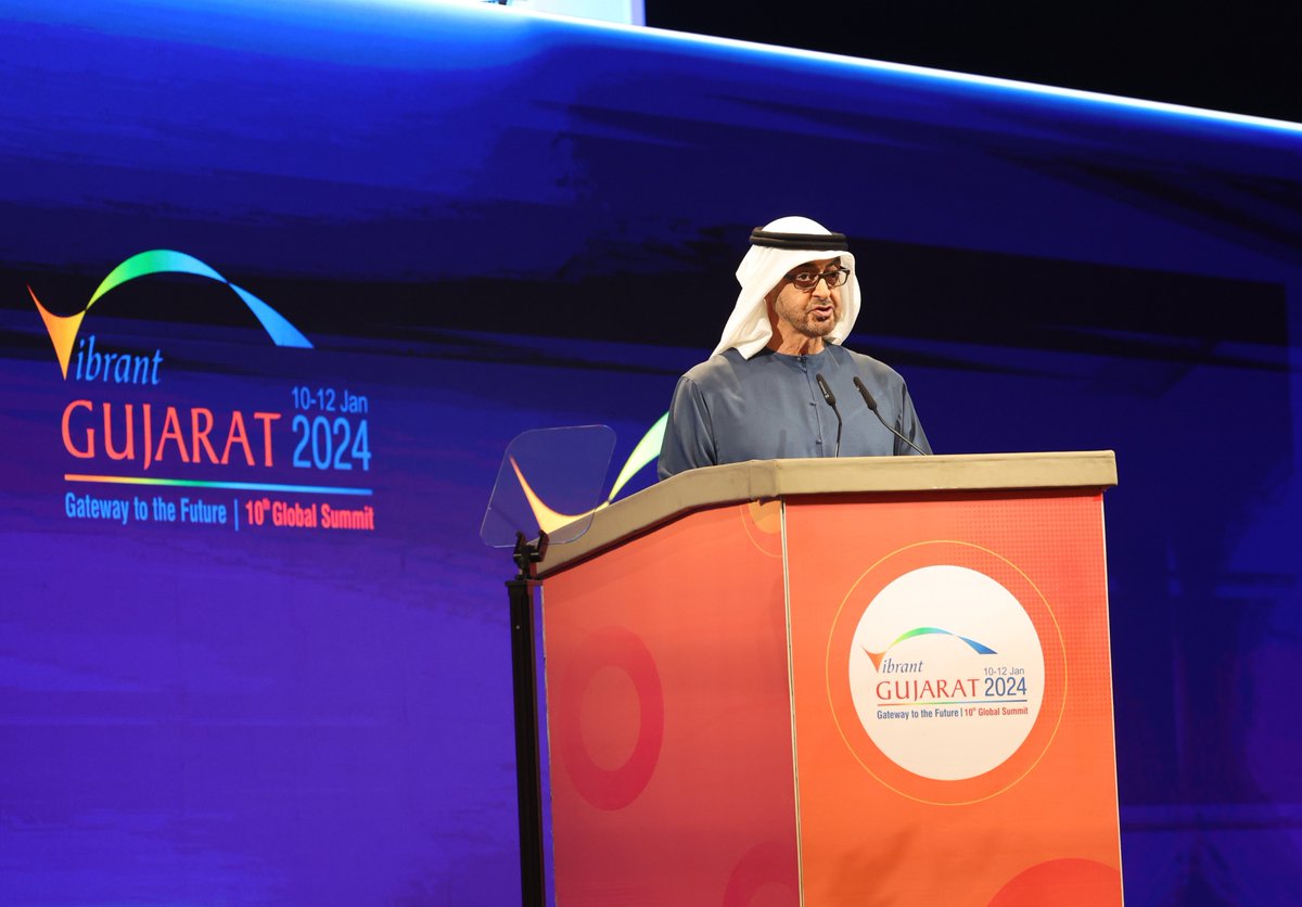 narendramodi's tweet photo. My brother HH @MohamedBinZayed has not only graced the @VibrantGujarat Summit but also spoke at the Summit. His remarks were extremely encouraging. India cherishes his thoughts and his efforts to boost India-UAE ties. https://t.co/L9lizSv7kY